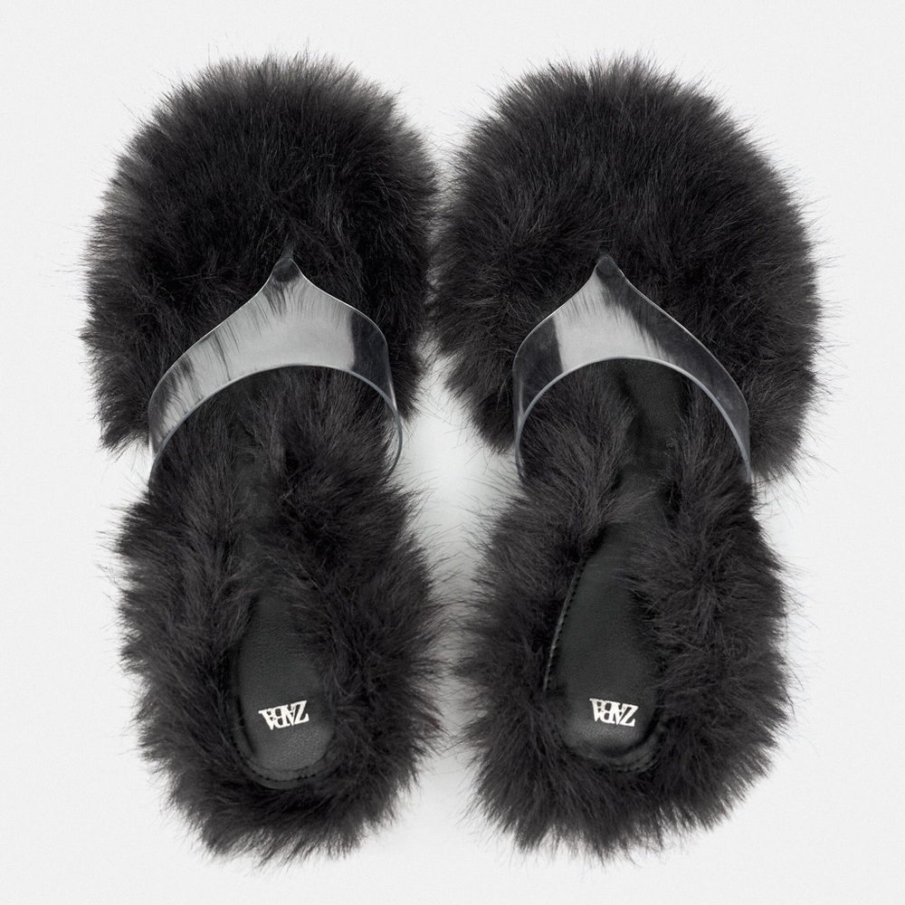 BNIB New Limitef Edition Zara Kitten Heel Lucid High Heel Sandals w/ Faux Fur